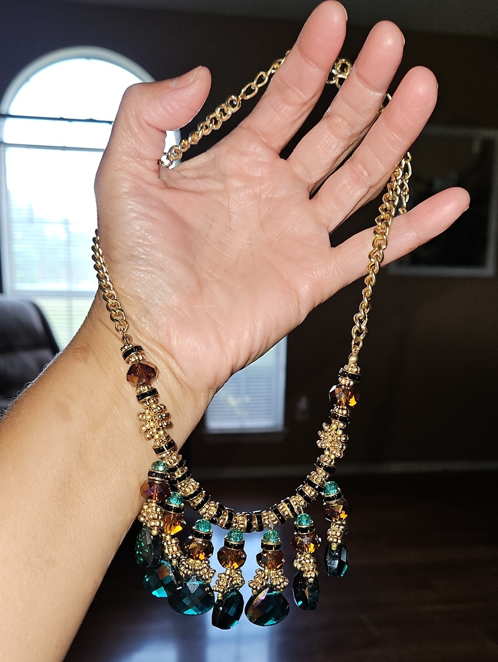 Gold-Tone Statement Necklace with Green and Amber Crystal Drops